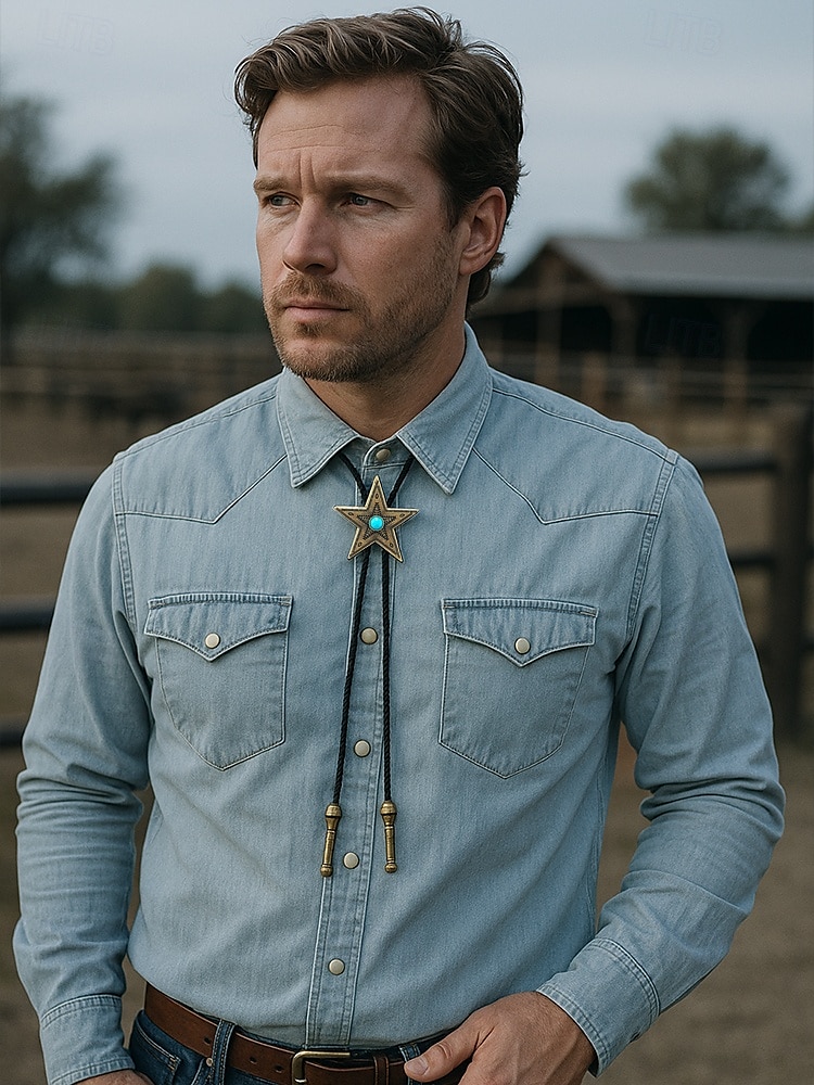 Cravate bolo western star pour homme avec centre turquoise, métal bronze antique ou argent, cordon en cuir tressé réglable, cravate vintage cowboy rodéo pour concerts country, mariages et usage quotidien de 2025 ? $9.99 –P1