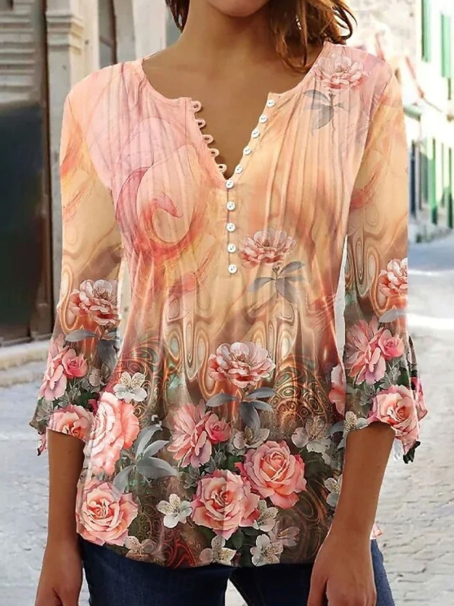 Per donna Blusa Ombre Floreale Grafico Elegante Manica 3/4 Scollo a V Top Regolari Quotidiano Uscire Volant Bottoni Rosa Blu Viola Arancione Verde Primavera Autunno del 2025 a $27.99 –P4