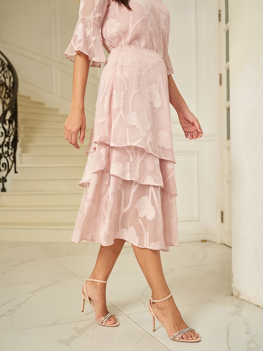 Dame الالتفاف Elegant Midi Medium Midje Skjørt Blomster Multi Layer Uelastisk Fest Avslappet Rosa Sommer Chiffon 2025 - $59.99 –P4