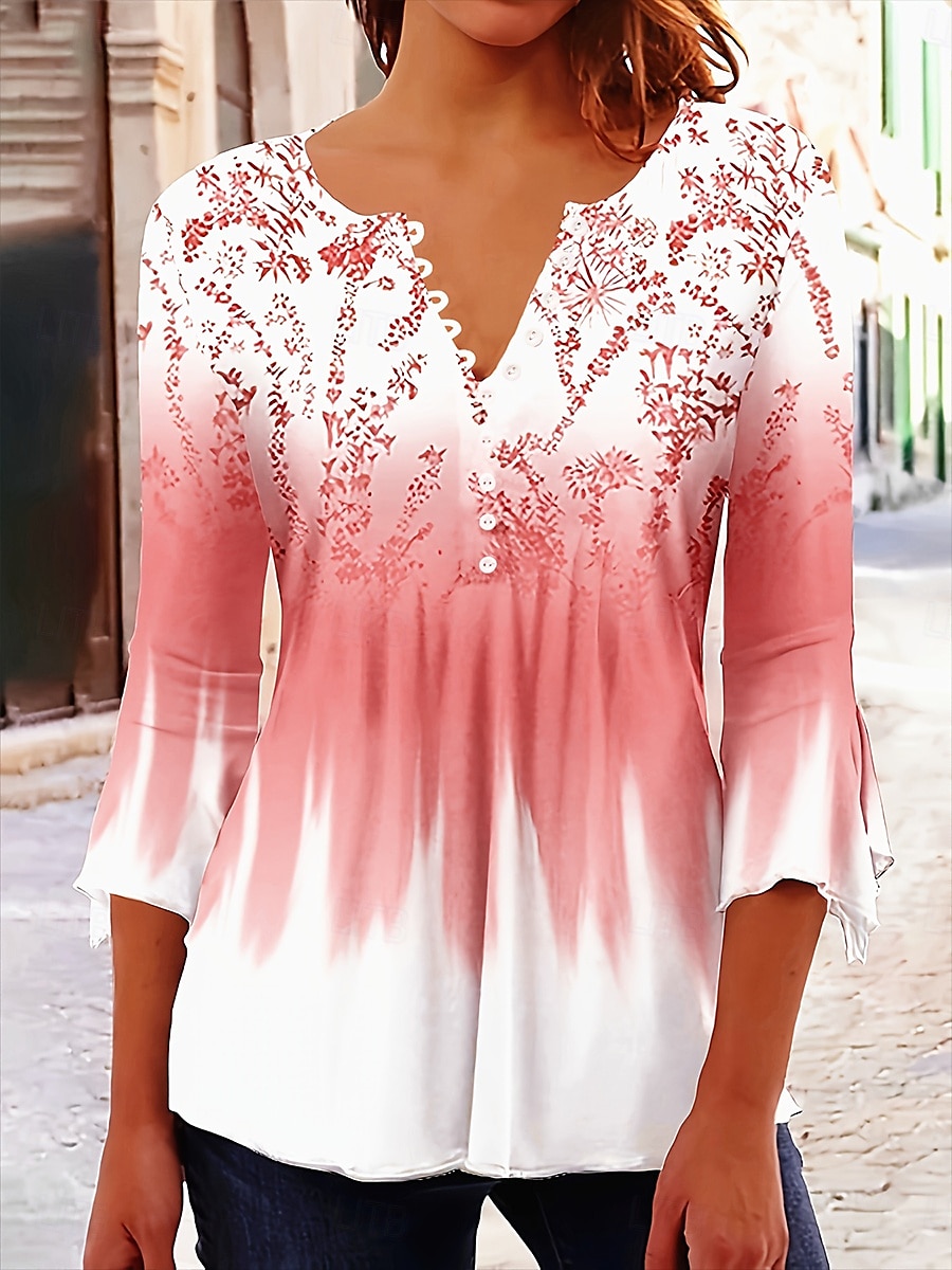 Damebluse V-hals Ombre Grafisk Elegant 3/4-langermet Rund hals Vanlige topper Daglig Gå ut Volanger Knapper Svart Hvit Rosa Vår Høst 2025 - $23.99 –P1