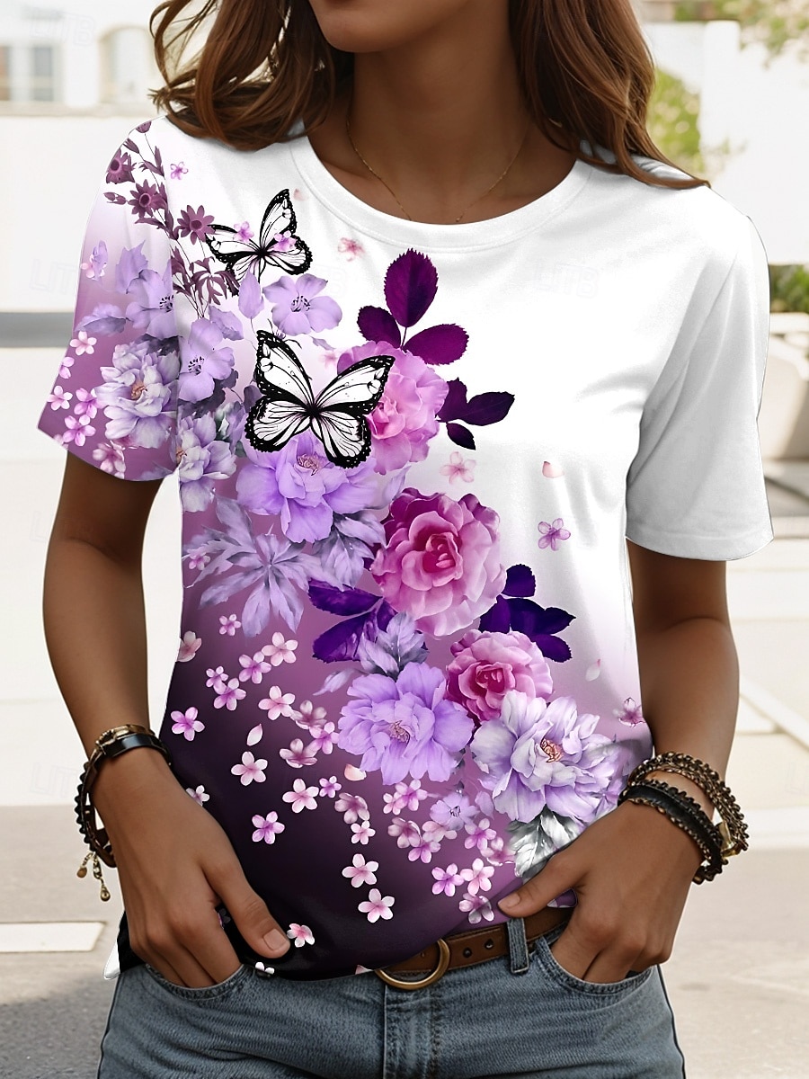 Dame T skjorte Blomstret Grafisk Planter Årgang Stilfull Klassisk Kortermet Crew-hals Vanlige topper Daglig Trykt mønster Rød Blå Lilla Grønn Sommer Vår 2025 - $19.99 –P2