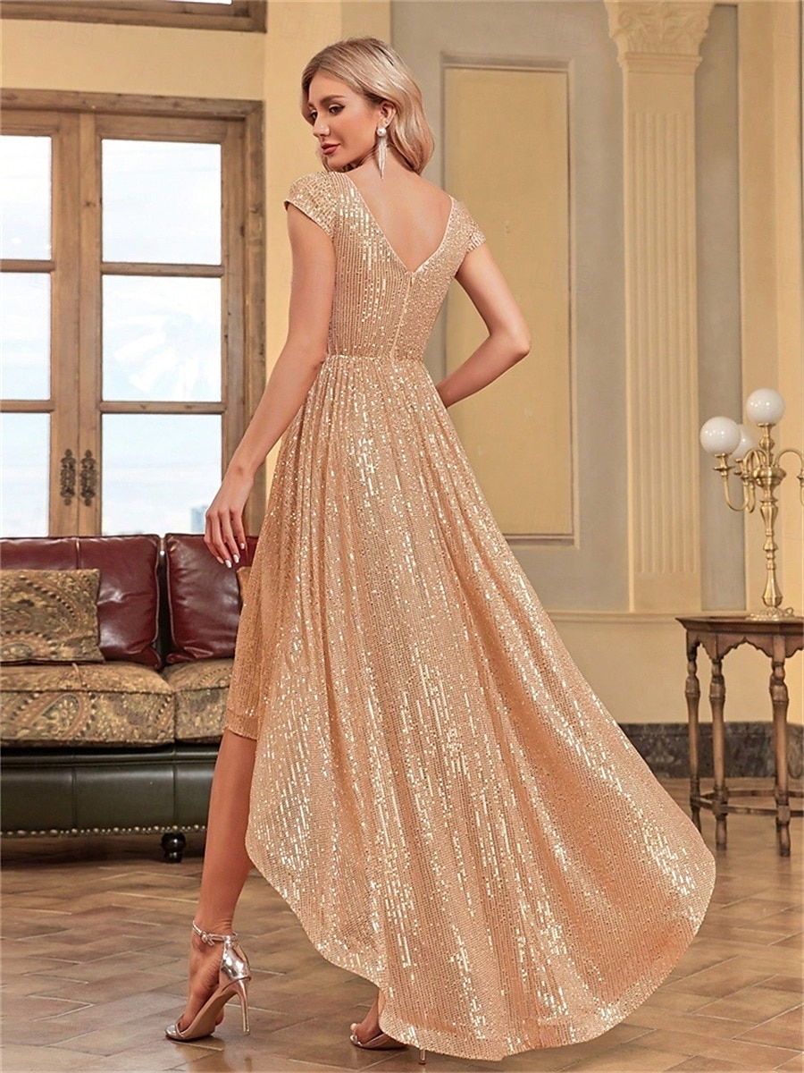 A-Line Quinceanera Dresses Elegant Dress Formal Wedding Asymmetrical Short Sleeve V Neck Polyester V Back with Sequin 2025 - $89.99 –P6