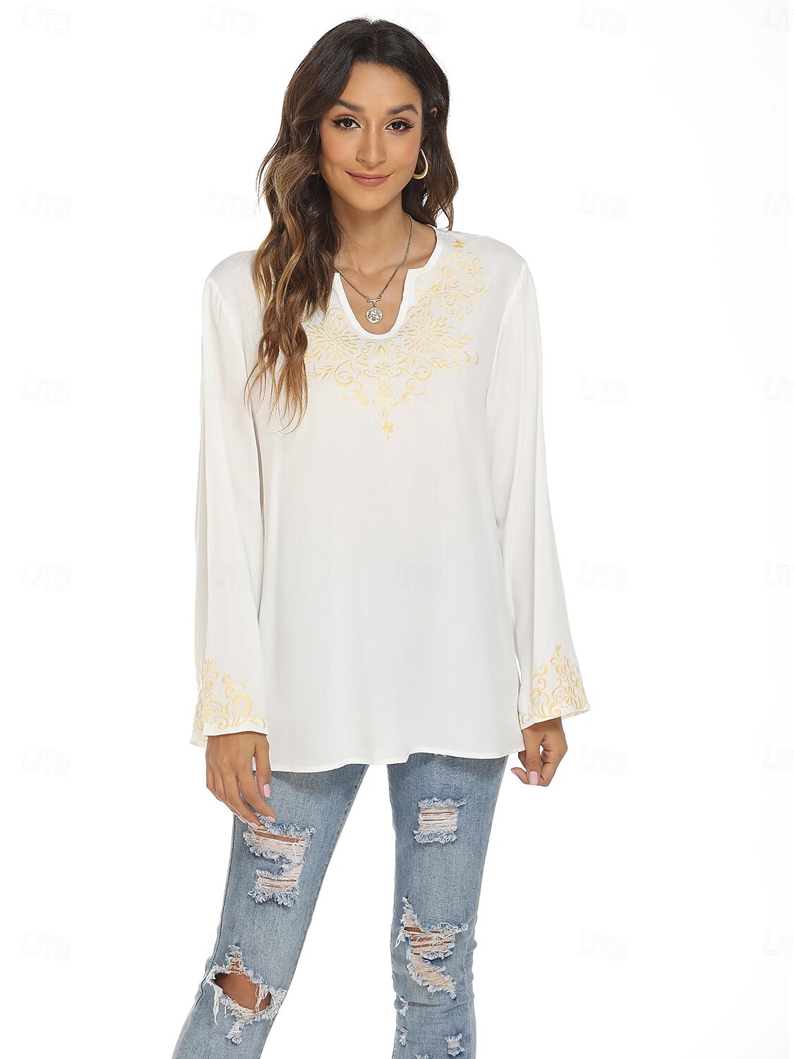 Damen Boho-Hemd Einfach Bohemien Lässig Langarm Glockenärmel U-Ausschnitt Normale Oberteile Arbeit Täglich Ausgehen Bestickt Weiß Sommer Frühling Herbst 2025 - $28.99 –P5
