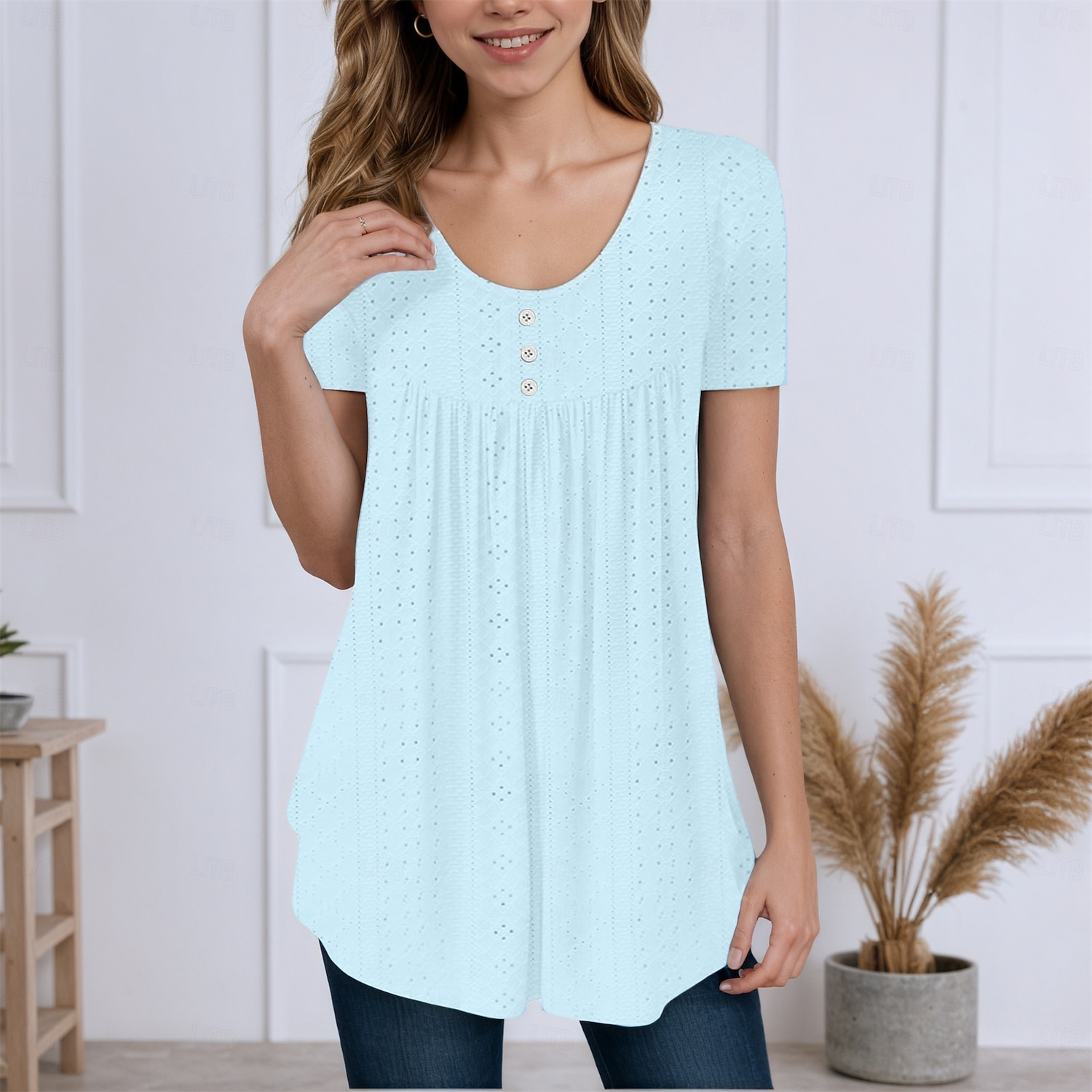 Women's Texture Blouse Eyelet Top Pointelle Tee Tunic Eyelet Buttons Asymmetrical Plain Stylish Casual Short Sleeve Crew Neck Long Tops Casual Daily Beach White Pink Purple Green Light Blue Summer 2026 - $25.99 –P3