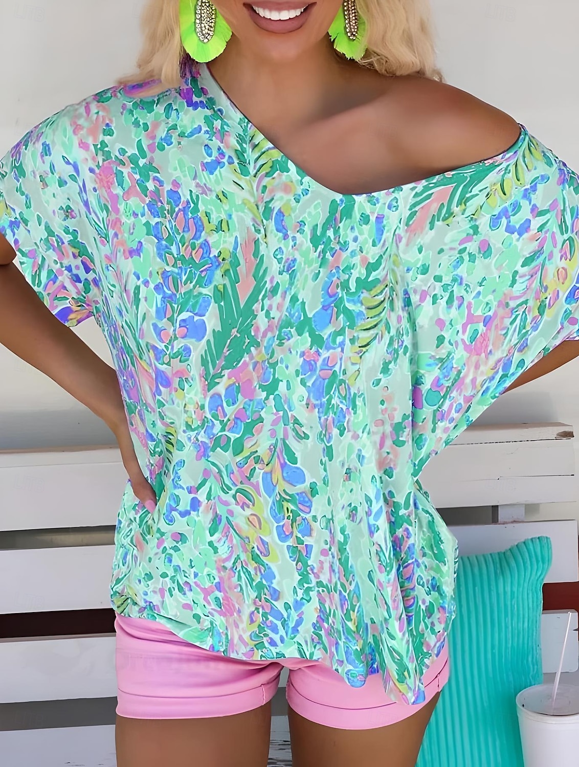 Dame Boho skjorte Blomstret Grafisk Abstrakt Årgang Stilfull Klassisk Kortermet V-hals Vanlige topper Daglig Trykt mønster Rosa Lilla Fuksia Grønn Sommer Vår 2025 - $19.99 –P4