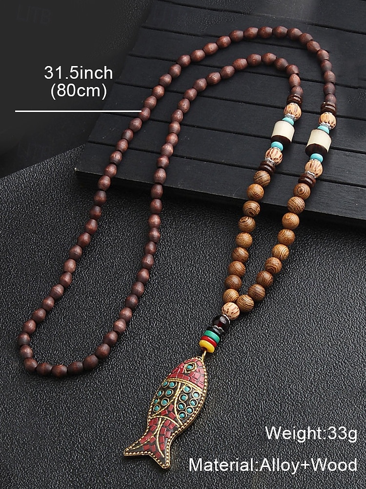 Men’s Tribal Beaded Pendant Necklace – Handmade Ethnic Wooden Beads with Turquoise Accents, Bohemian Style for Casual Wear, Yoga, Meditation or Festival Outfits 2025 - $11.99 –P7