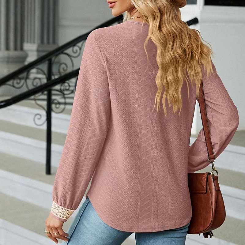 Damen Bluse Farbblock Modern Lässig Langarm V Ausschnitt Normale Oberteile Täglich Ferien Patchwork Gras-Grün Erröten Sie Rosa Schwarz Rosa Wein Sommer 2025 - $21.99 –P10