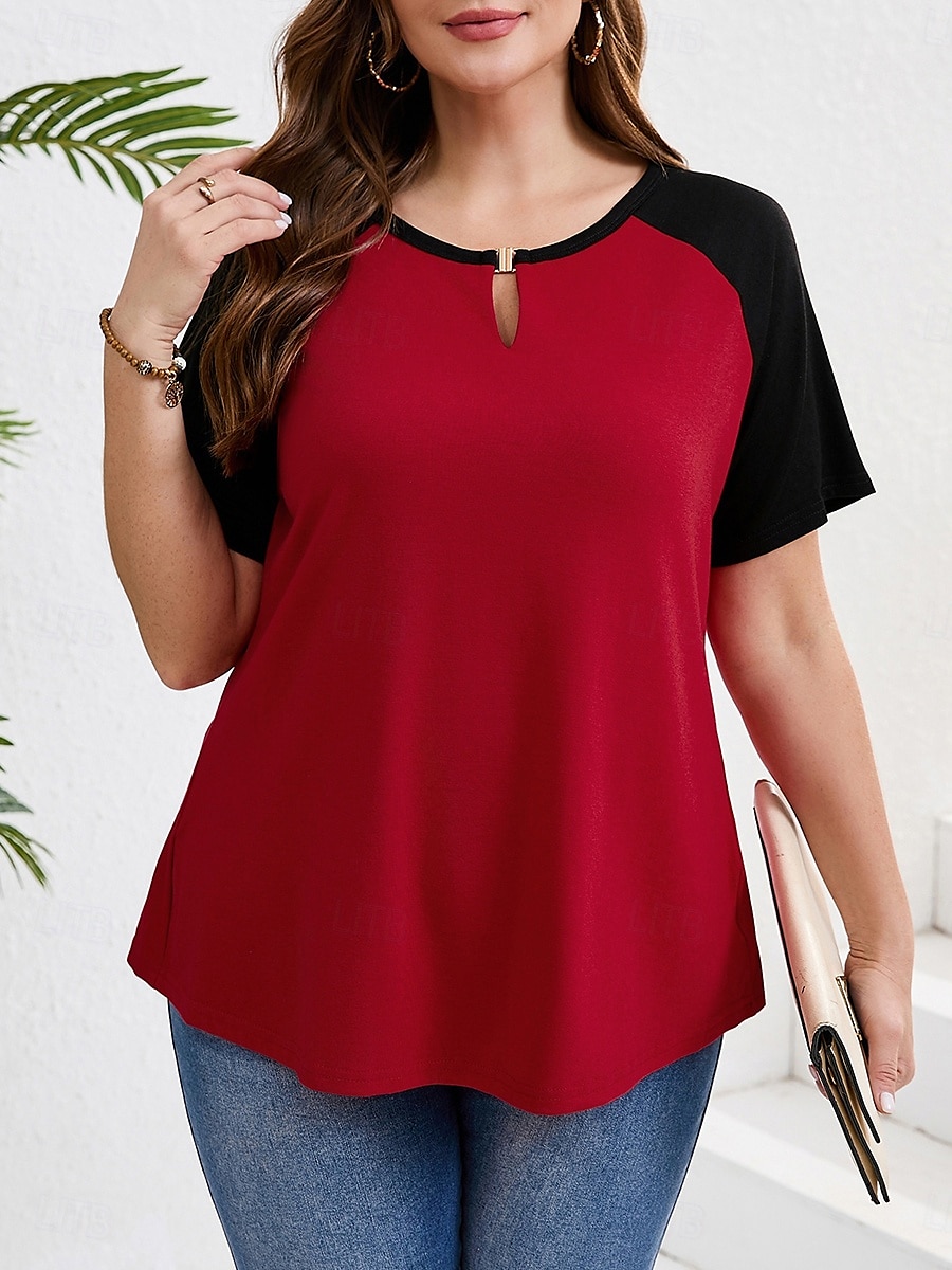 Women's Plus Size Tops T Shirt Solid Color Patchwork Short Sleeve V Neck Casual Daily Polyester Summer Spring Red Blue 2025 - $18.99 –P5
