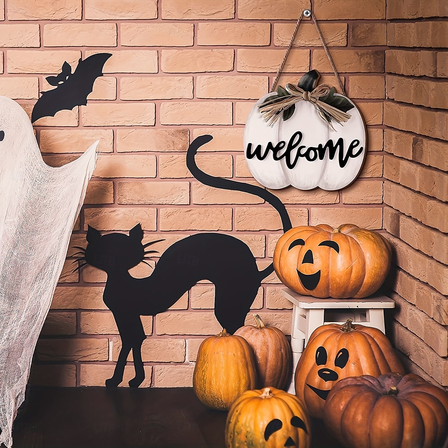 podzimní uvítací dřevěný věšák na dveře, halloweenská dýňová 3D kostkovaná cedule na přední dveře, rustikální závěsný věnec na verandu, podzimní bytová dekorace 2025 - $12.99 –P4