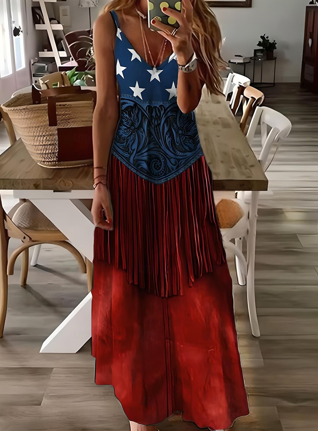 Independence Day Women's Patriotic Fourth of July Maxi Dress A Line Dress Slip Dress Vacation Casual Daily Holiday Graphic American Flag Sleeveless V Neck Spaghetti Strap White Red Sky Blue 2025 - GBP £25 –P3