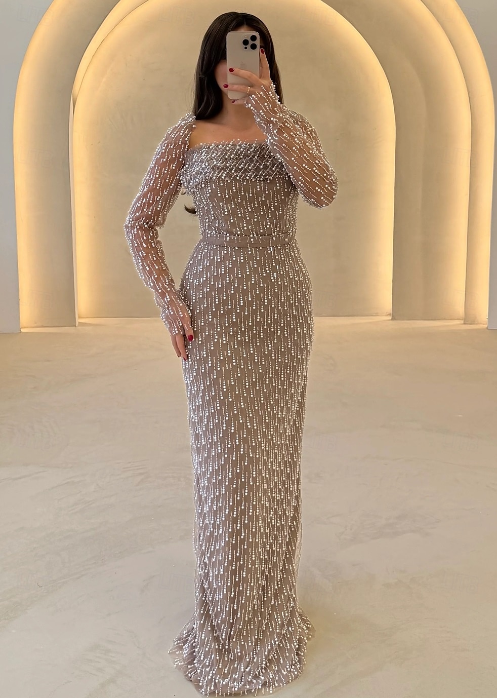 Sheath  Column Evening Gown שמלה אלגנטית קרנבל רשמית באורך רצפה שרוול ארוך צוואר ריבועי מבריק עם נצנצים 2025 - $152.99 –P1