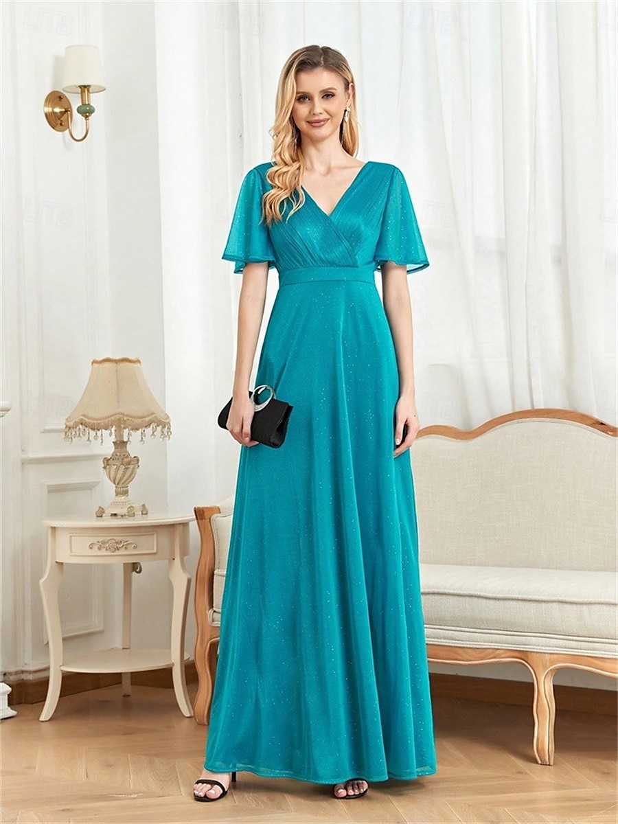 A-Linjainen Quinceanera-mekko Elegantti Mekko Viralliset Häät Lattiapituus Lyhythihainen V-aukko Šifoni Pleidillä 2025 - $89.99 –P1