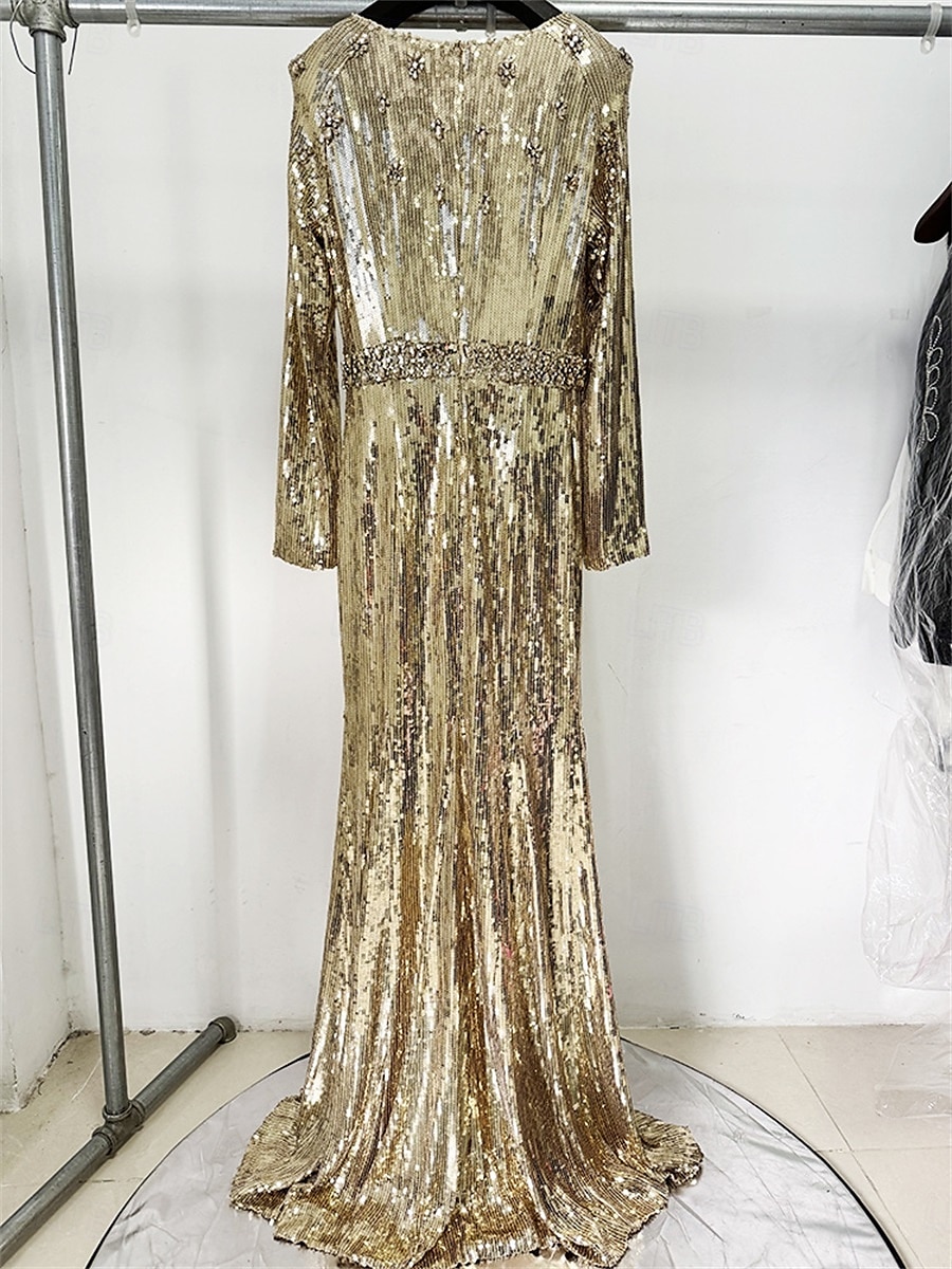 Robe Quinceanera Sirène  Trompette Robes Élégante Robe de Mariage Formelle Longueur Maxi Manches Longues Col Rond Pailletée avec Paillettes de 2025 ? $179.99 –P4