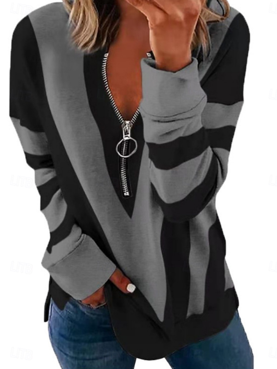 Pull zippé quart femme géométrique décontracté manches longues col rond tops réguliers vêtements de tous les jours imprimé décontracté noir blanc rouge bleu gris automne hiver de 2025 ? $16.99 –P5