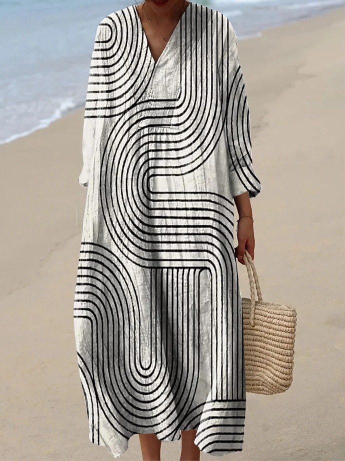 Dame Midikjole Solkjole Kjole med A-linje Ferie Fritid Bohem Ut på byen Strand Løstsittende Grafisk Geometrisk Stripe Langermet V-hals Aske Svart Gul Blå Sommer Vår 2025 - $35.99 –P6