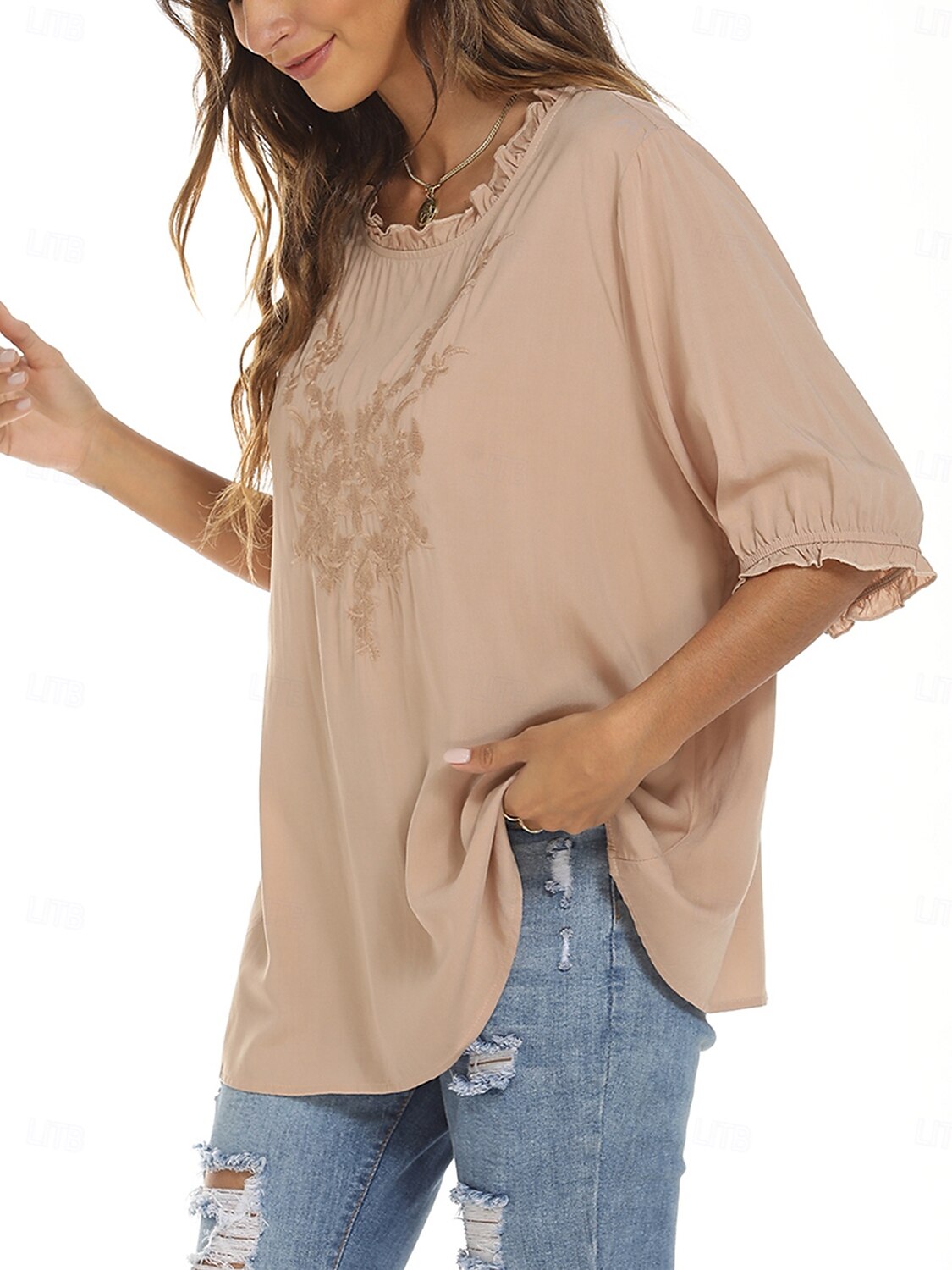 Damen Hemd Einfarbig Blumen Lässig Boho Dreiviertelarm Ellbogenärmel Rundhalsausschnitt Normale Oberteile Täglich Ausgehen Rüsche Bestickt Schwarz Weiß Rote Khaki Sommer 2025 - $24.99 –P18
