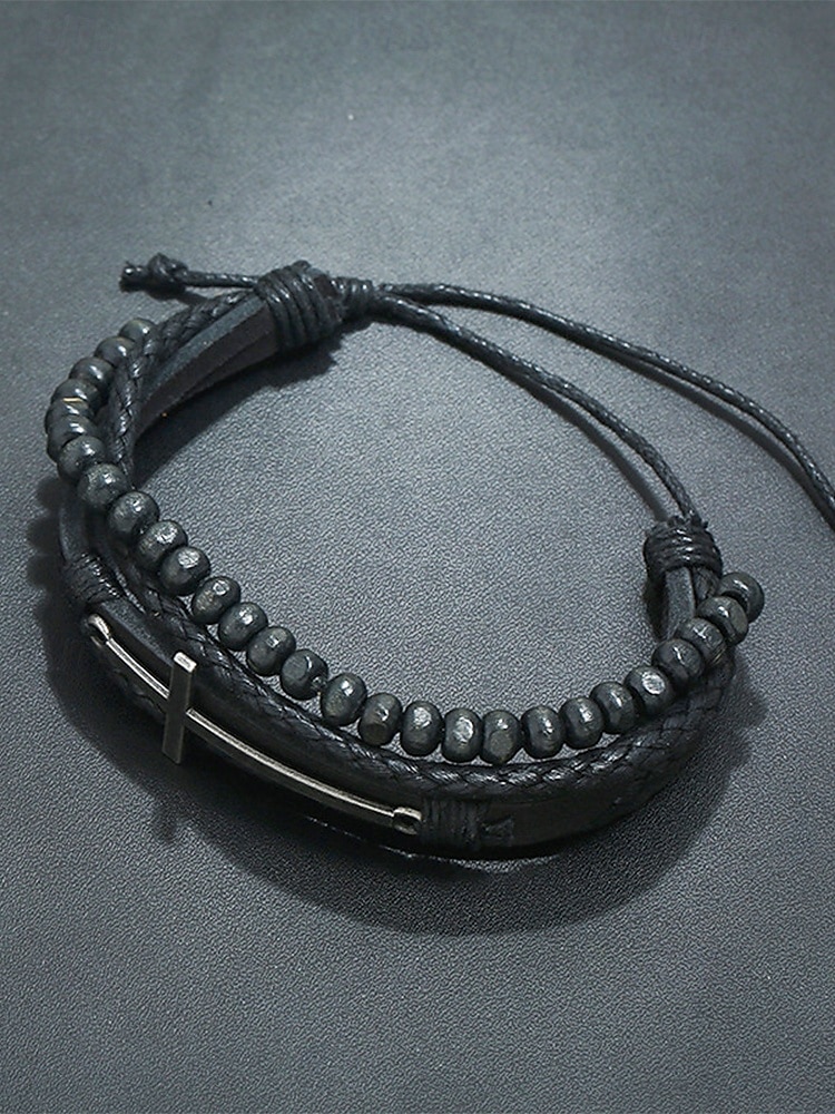 Gothic-Kreuz-Lederperlenarmband für Herren – mehrlagiges Vintage-Armband für Halloween-Partys und Retro-Punk-Stil 2025 - $9.99 –P4