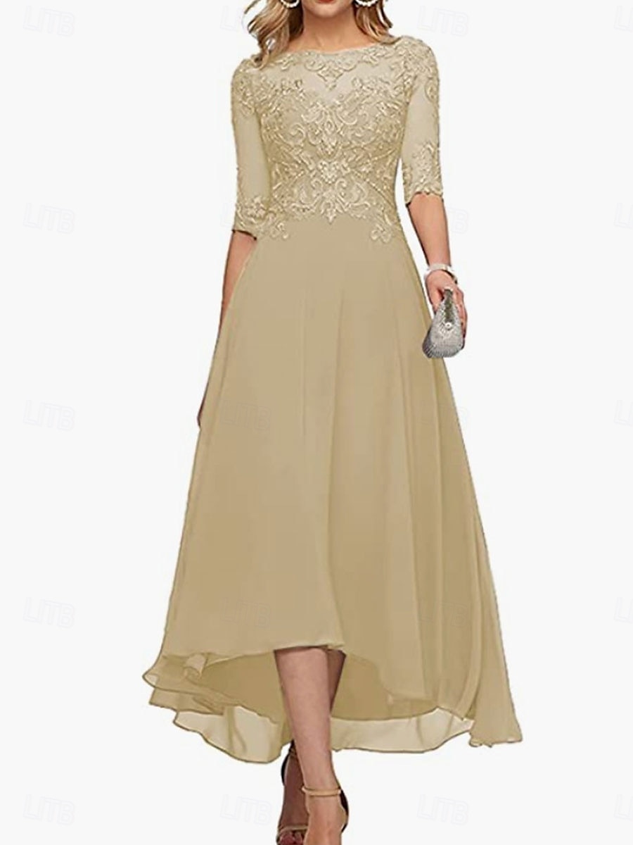 A-Line Mother of the Bride Dress Elegant Crew Neck Floor Length Chiffon Half Sleeve with Solid Color 2025 2025 - $119.99 –P22