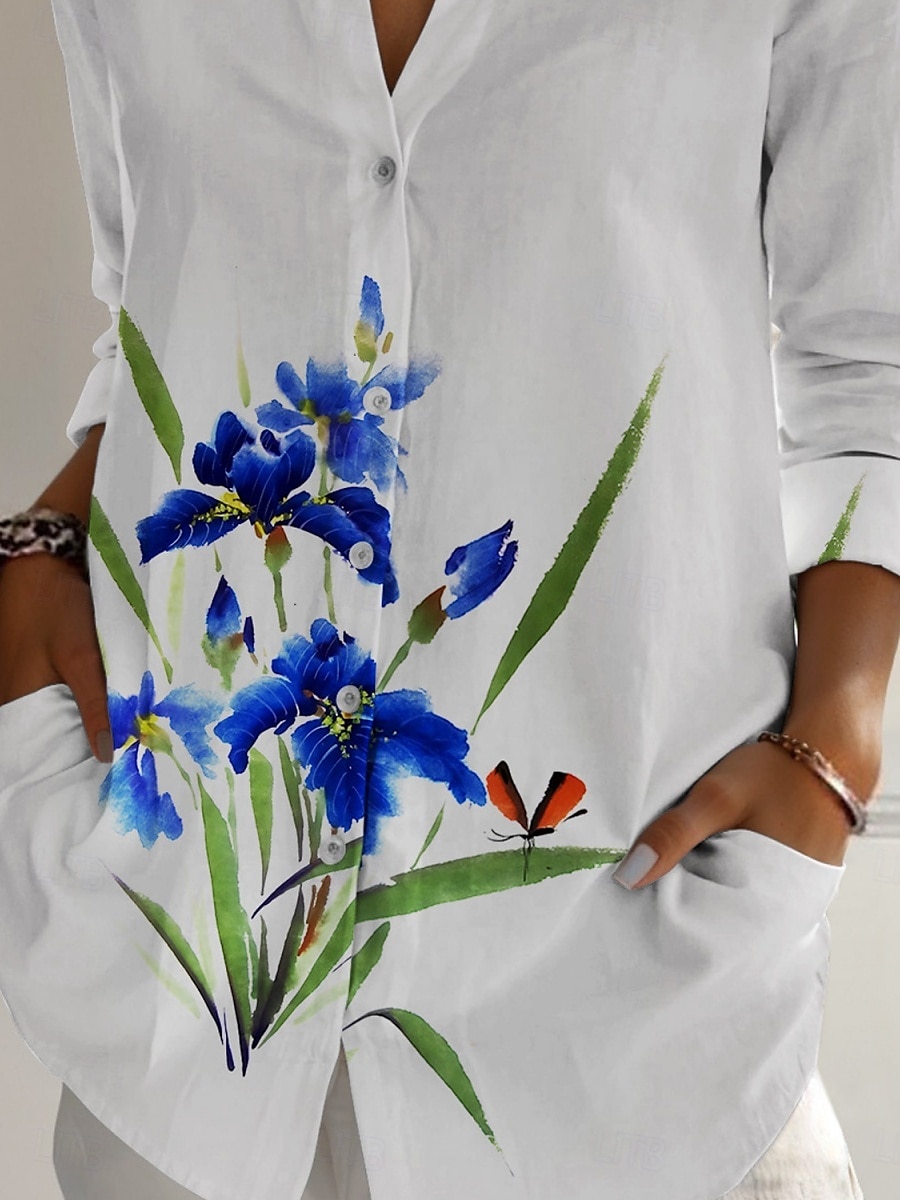 Per donna Camicia Floreale Attivo Quotidiano Elegante Manica Lunga Colletto a Camicia Top Regolari Quotidiano Ferie Bottoni Stampato Bianco Primavera Autunno del 2025 a $25.99 –P3