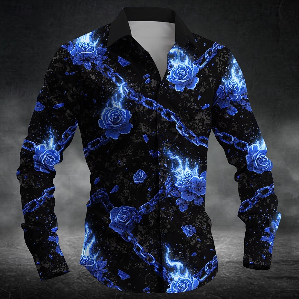 Herren Romantisch Flamme Rose Hemd Knopfhemd Langarm Dunkler Gothic-Stil Ferien Streetwear Sommer Frühling Umlegekragen 3D-Druck Hemden mit Kragen Rote Blau Grün 2026 - $27.99 –P2