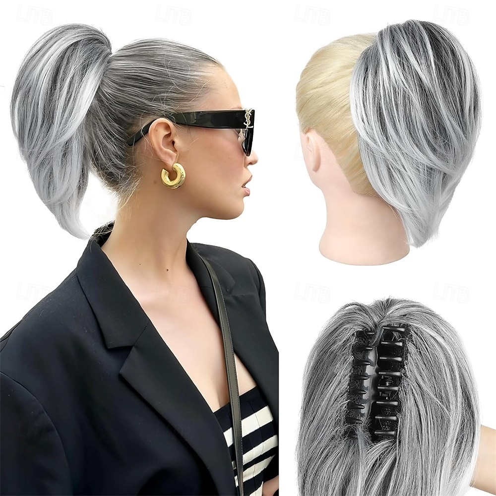 Extension queue de cheval 10 pièces, postiche queue de cheval courte à clipser, chignon décoiffé, postiche synthétique naturel, doux et raide pour femme - brun foncé avec mèches de 2025 ? $19.49 –P4