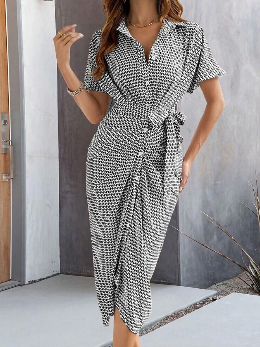 Women's Midi Dress Sheath Dress Summer Dress Casual Daily Regular Fit Graphic Short Sleeve Lapel Black Brown Summer 2025 - $41.99 –P1