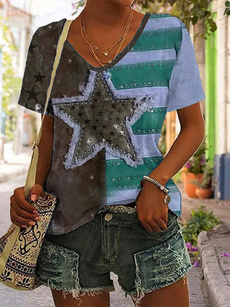 Tricou patriotic pentru femei grafică inimă steag elegant casual cu mânecă scurtă gât în V bluze obișnuite zilnic print albastru mov bronz verde vară primăvară 2025 - $19.99 –P6