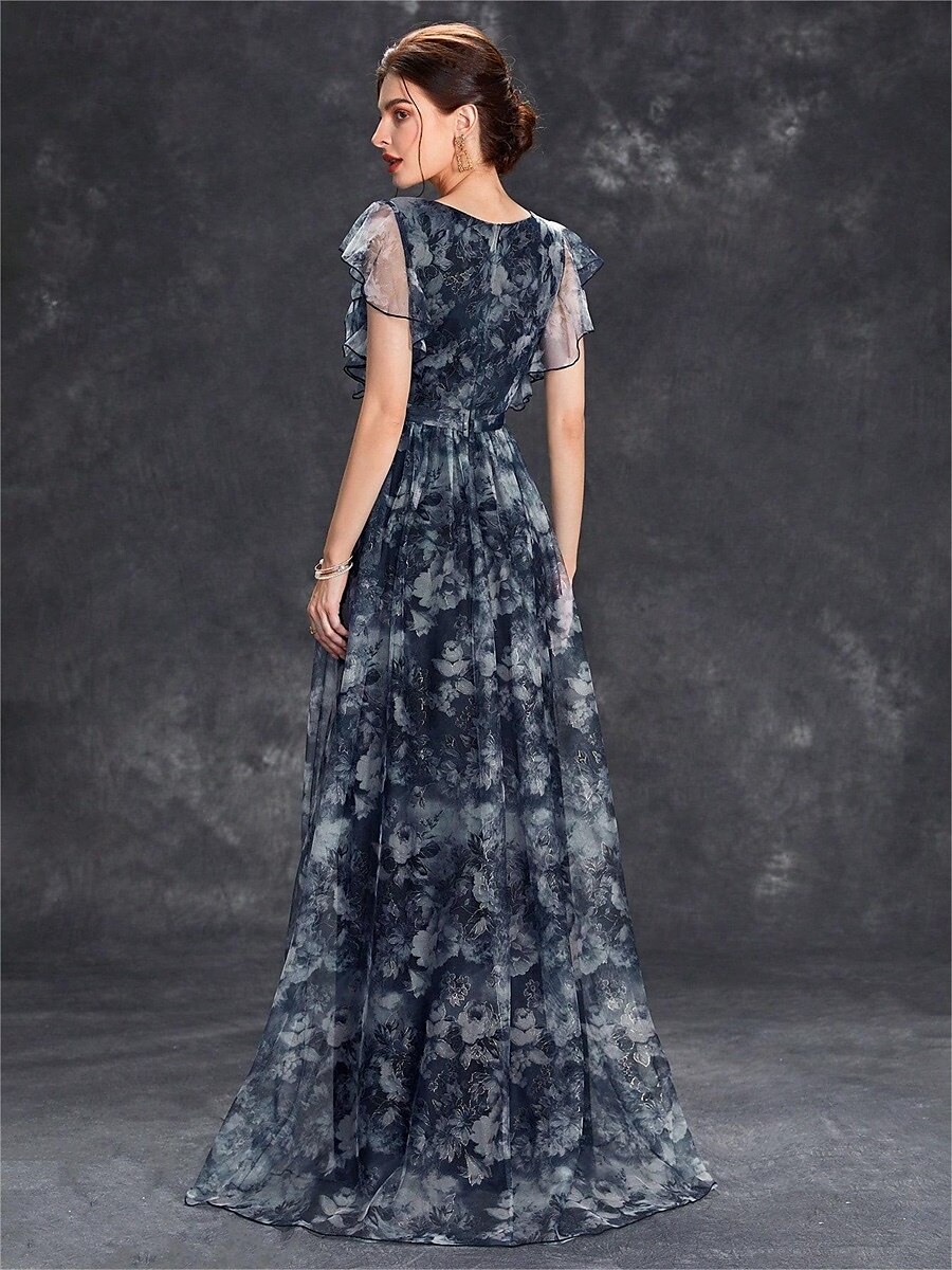 Abiti Quinceanera A-Line abito elegante formale lungo senza maniche scollatura a V in chiffon con stampa floreale del 2025 a $79.99 –P19