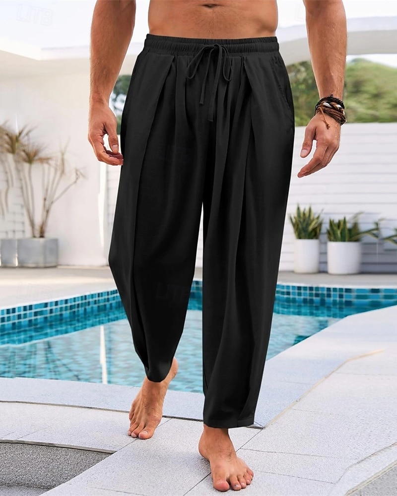 Men's Linen Pants Summer Pants Beach Pants Harem Pants Pocket Elastic Waist Drawstring Plain Comfort Breathable Calf-Length Vacation Daily Holiday Hawaiian Boho Black White 2025 - $18.99 –P10