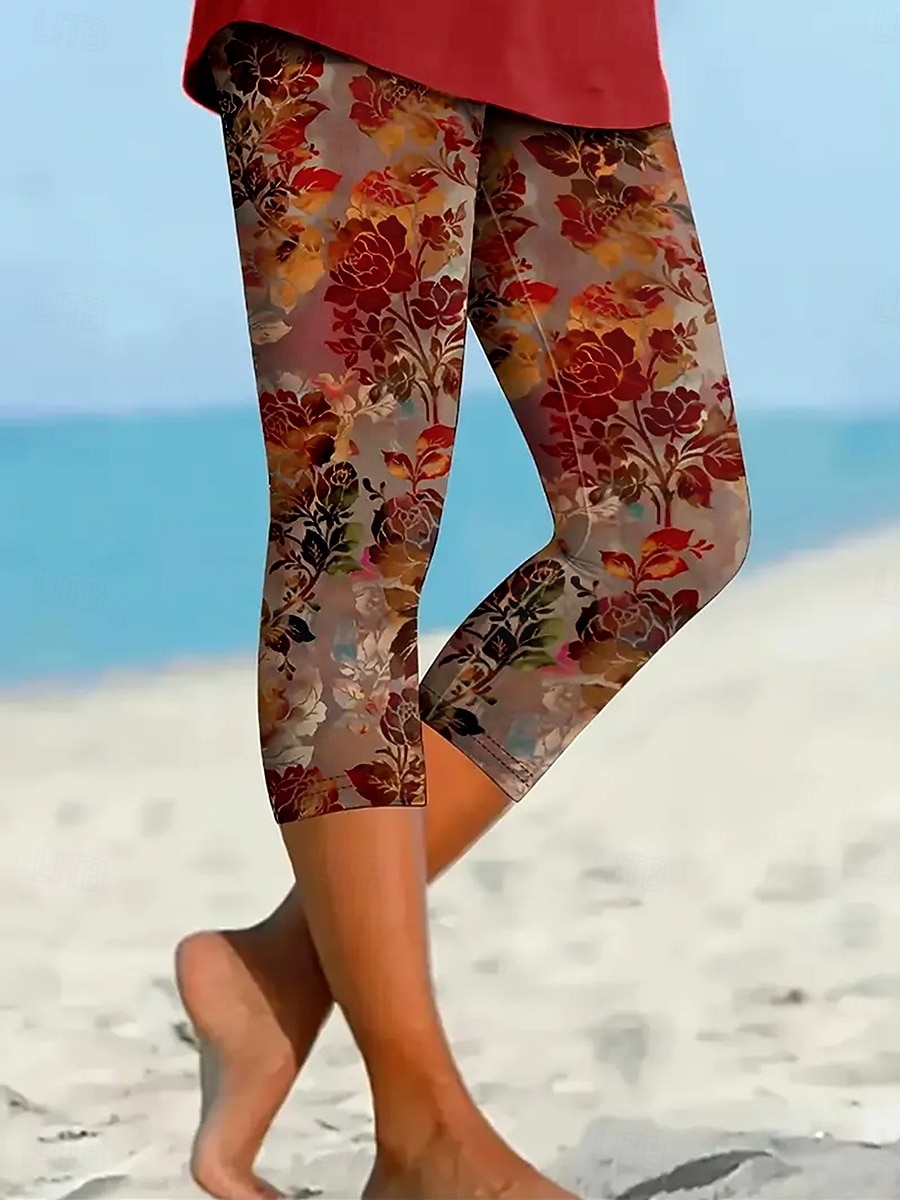 Women's Capri Pants Leggings Vacation Vintage Ethnic Style Calf-Length High Waist Floral Graphic Leaf Soft Comfortable Breathable Stretchy Casual Daily Vacation Maroon Azure Orange red Summer Spring 2026 - $20.99 –P2