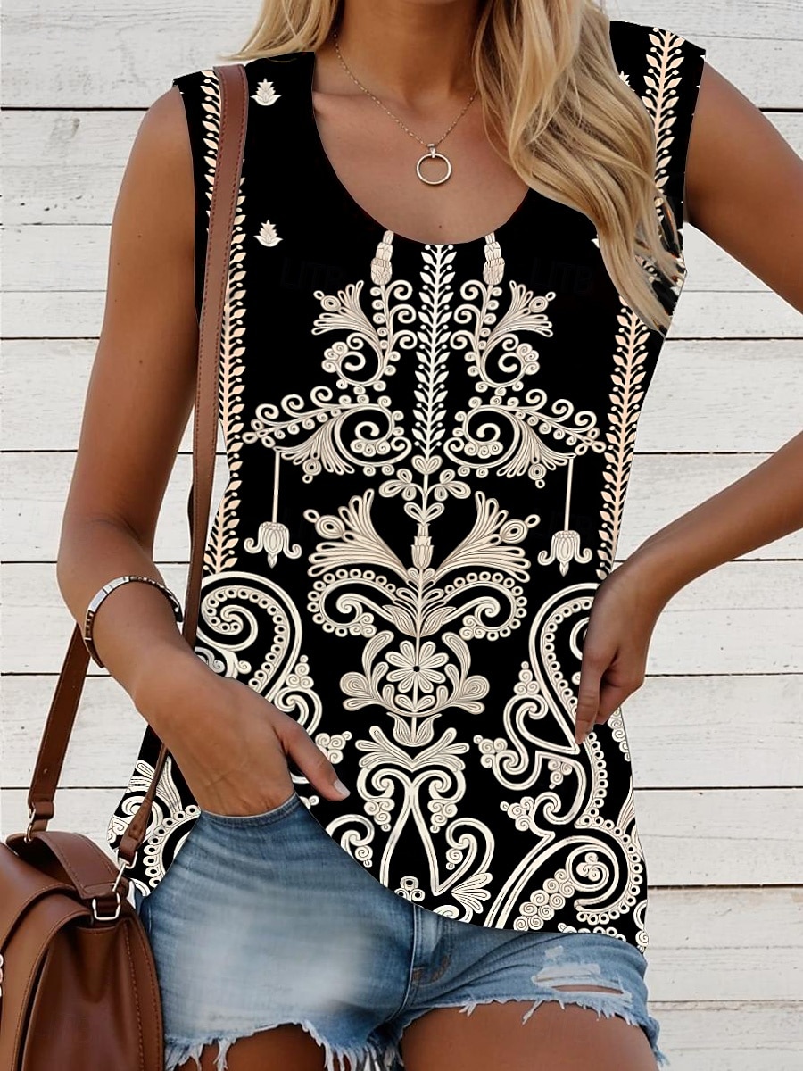 Dame Camisole Tank Top Grafisk Geometrisk Bohem Årgang Daglig Ermeløs Crew-hals Vanlige topper Daglig Trykt mønster Svart Hvit Rød Blå Kakifarget Sommer Vår 2025 - $17.99 –P4