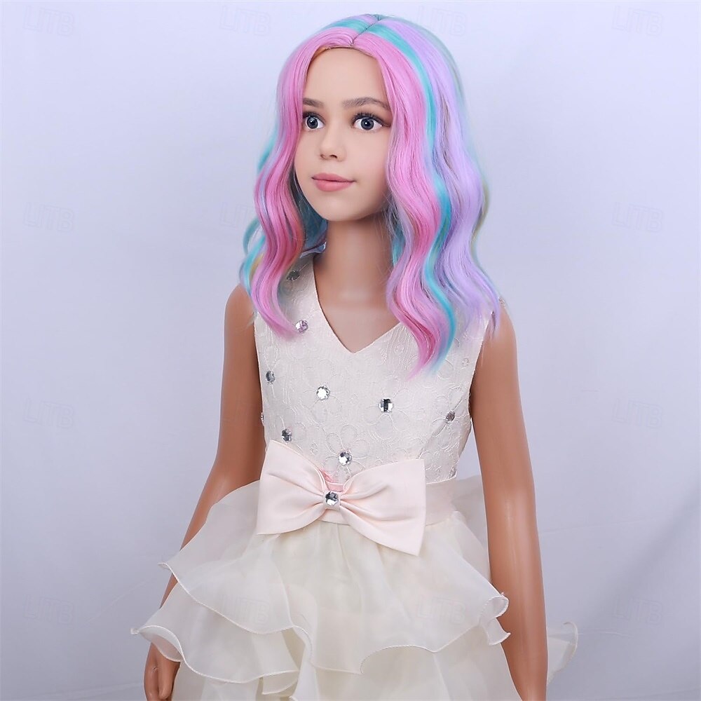 Dětská duhová paruka krátká vlnitá barevná paruka vícebarevná paruky dívčí syntetické cosplay halloweenské kostýmní paruky 2025 - $24.99 –P5