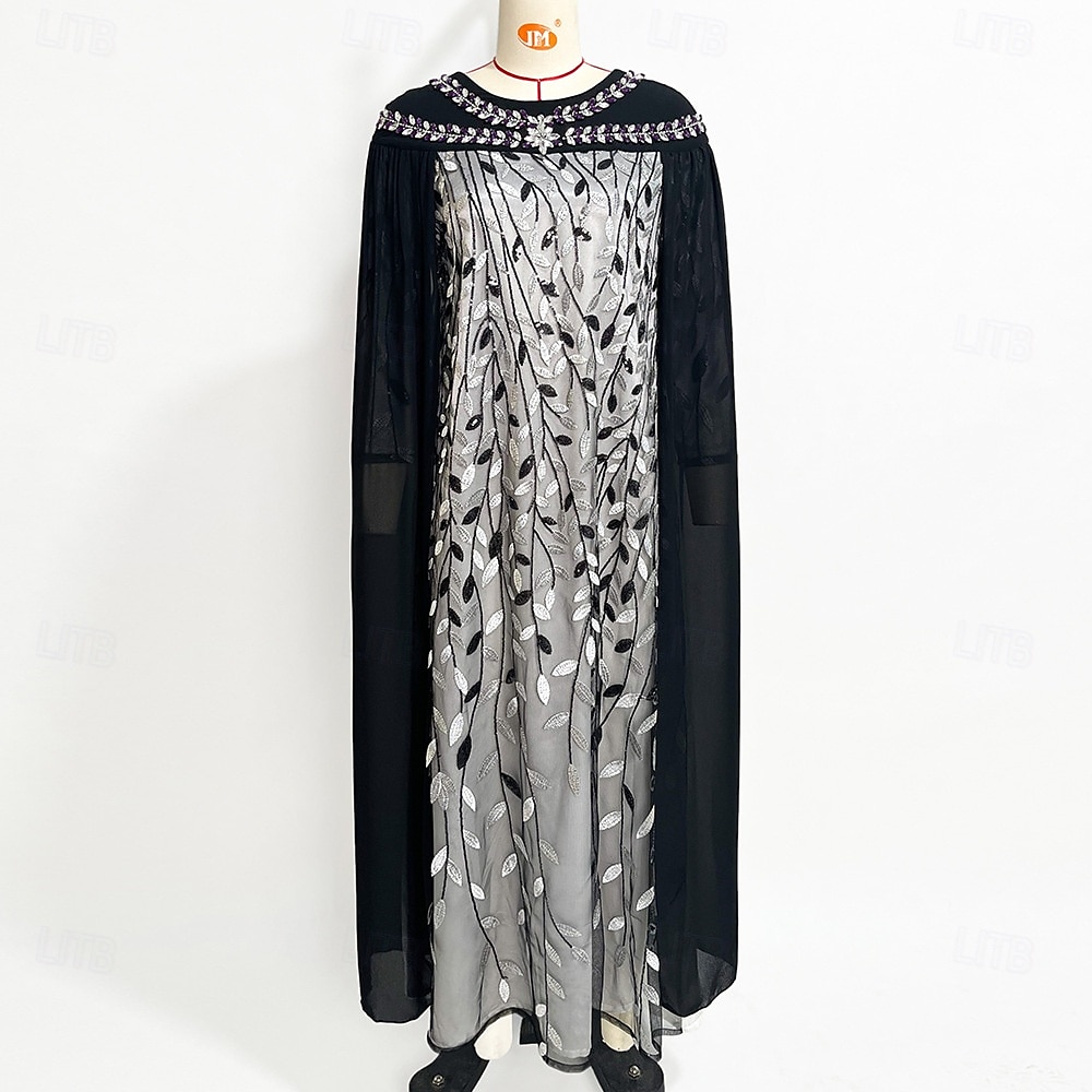 Abito con mantello A-Line madre della sposa elegante scollo rotondo cristalli lunghezza sul pavimento maniche lunghe con ricami in pizzo del 2025 a $109.99 –P11