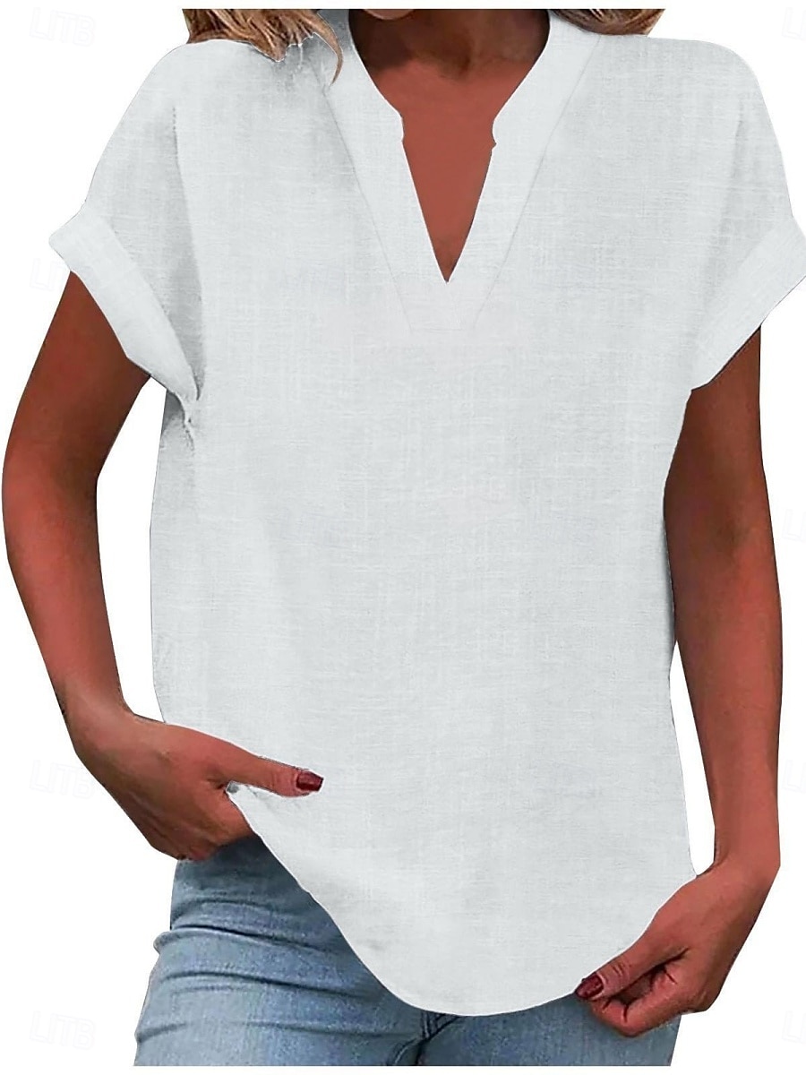 Women's Shirt Solid Color Stylish Casual Short Sleeve V Neck Regular Tops Daily Black White Blue Apricot Summer Spring 2025 - $9.99 –P2