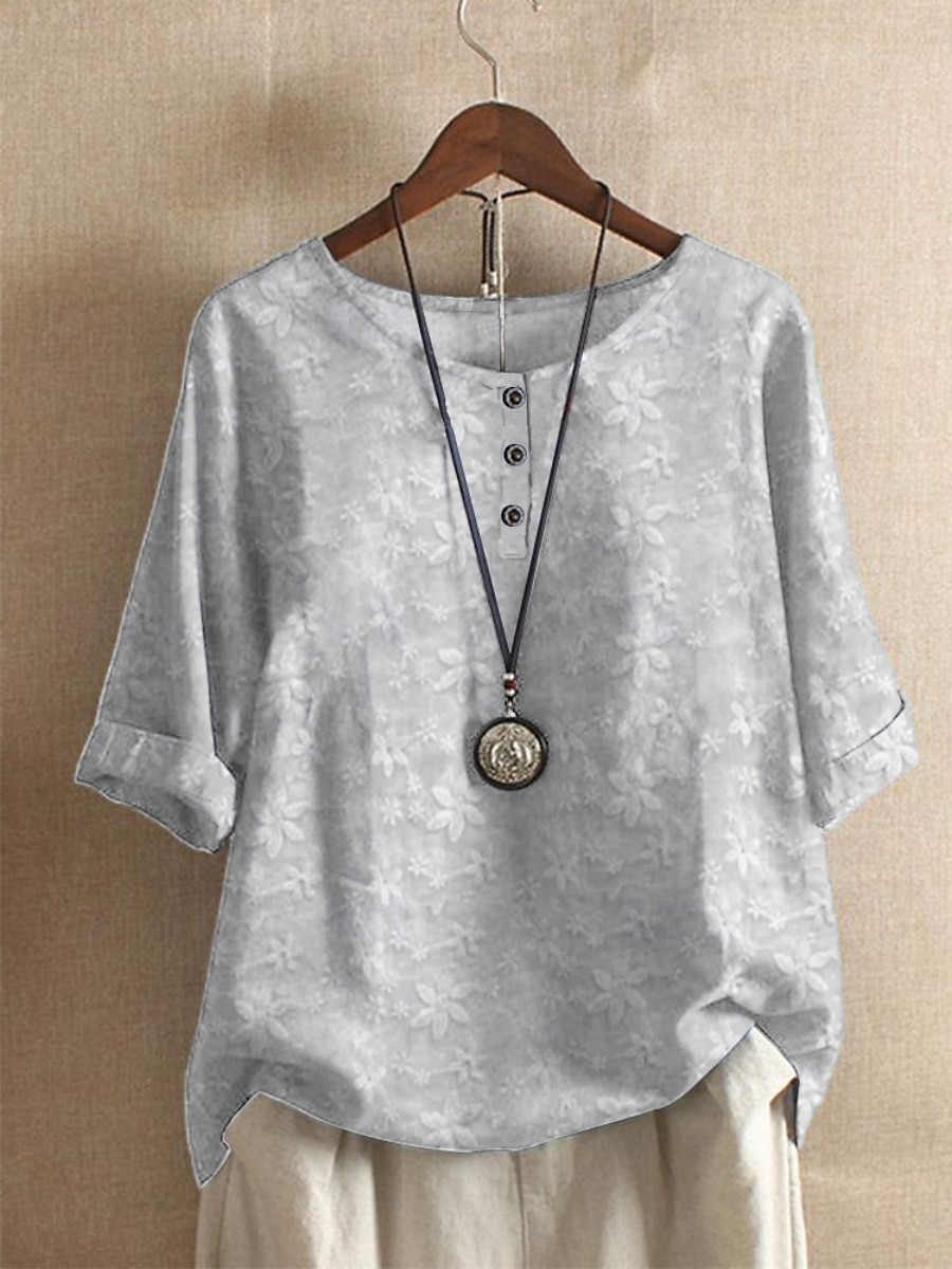Per donna Camicie di cotone e lino Floreale A righe Essenziale Casual Mezza Manica Girocollo Top Regolari Quotidiano Stampato Nero Bianco Blu Azzurro cielo Verde Estate del 2025 a $17.99 –P5