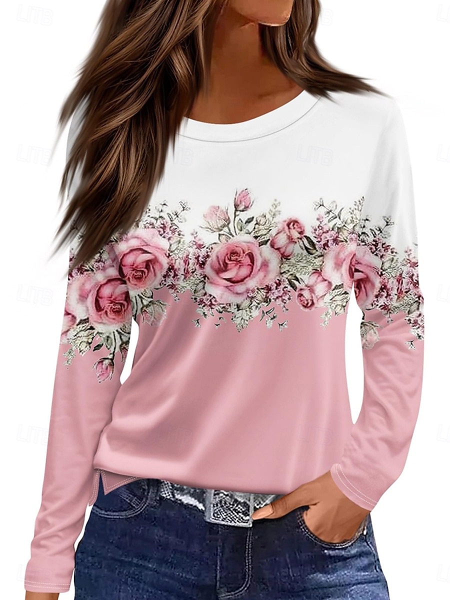 Pentru femei Tricou Floral Grafic Plante Epocă Stilat Clasic Manșon Lung Stil Nautic Rotund Topuri obișnuite Zilnic Imprimeu Alb Roz Îmbujorat Albastru piscină Vară Primăvară Toamnă 2025 - $22.99 –P2