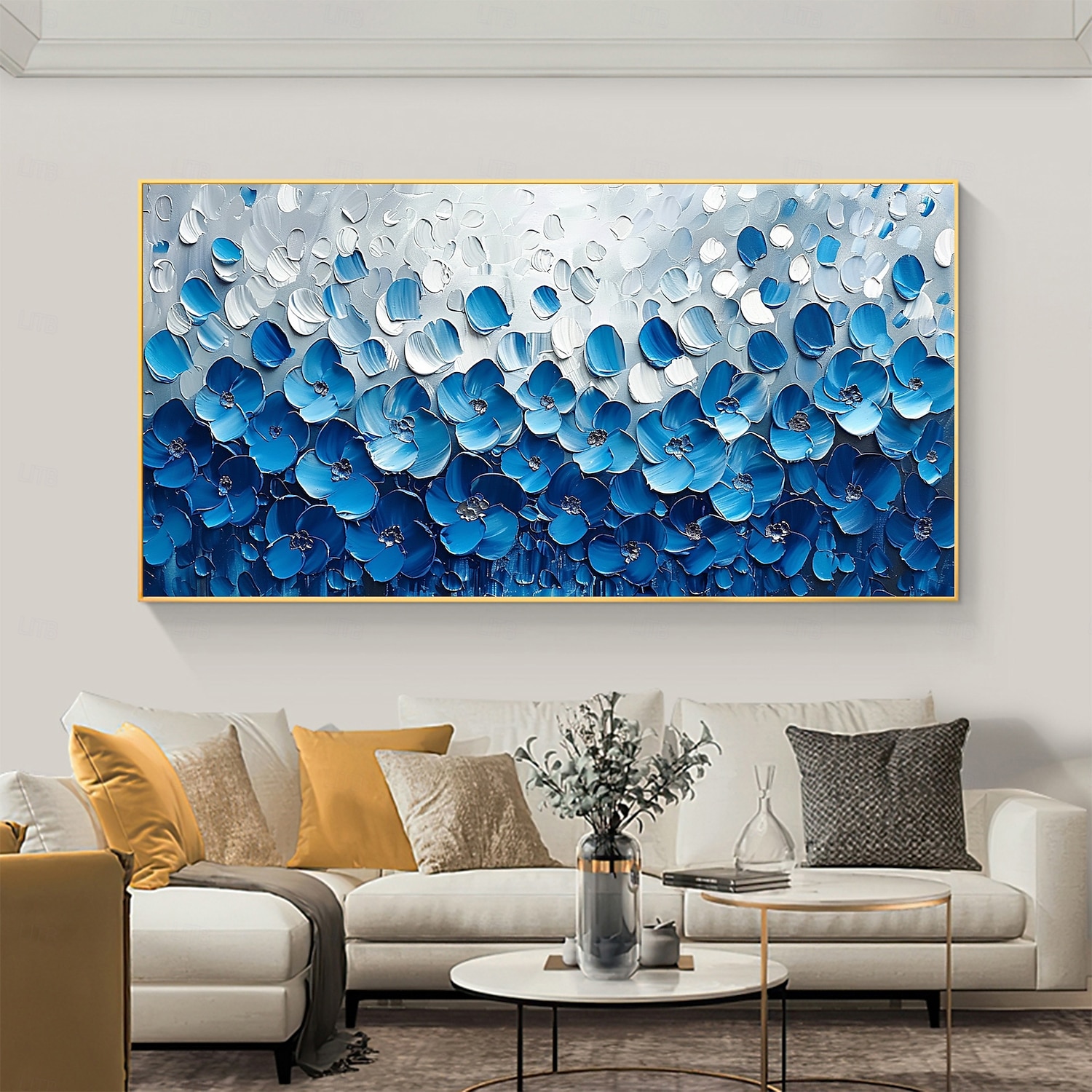 Pintura a óleo texturizada floral azul original feita à mão sobre tela abstrata com flores para decoração de parede com moldura esticada sem moldura interna de 2025 por $170.99 –P1