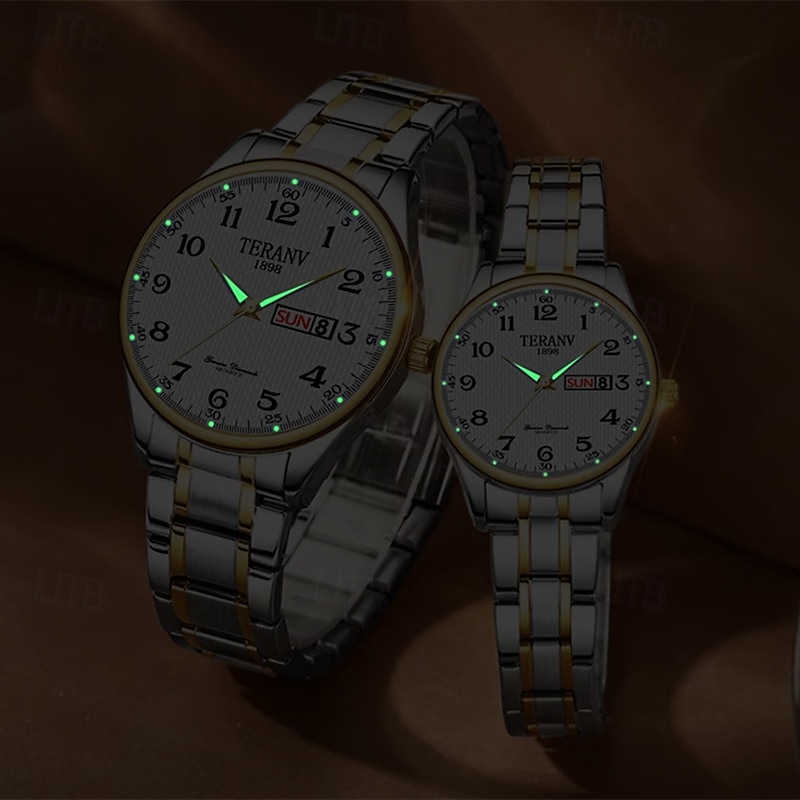 il s'agit d'une montre de couple élégante avec deux cadrans numériques ronds et des bracelets en acier inoxydable dotés d'un affichage de date lumineux étanche IPX7 du lundi au dimanche. c'est un de 2025 ? $28.99 –P4