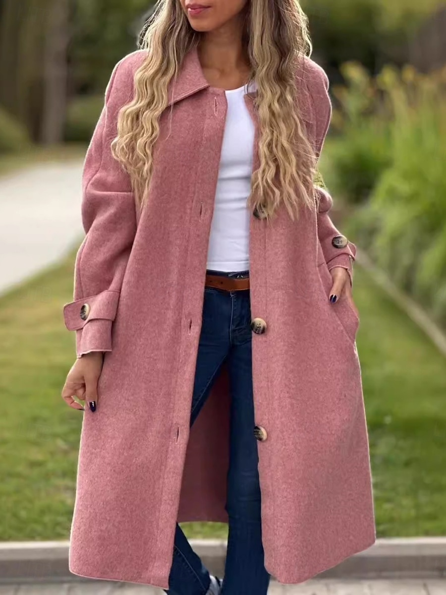 Dam Trenchcoat Bekväm Andningsfunktion Ficka Klassisk Ledigt Slät Semester Gata Ledigt Dagliga kläder Enkelknäppt Lång Nedvikt Normal Långärmad Ytterkläder Svart Gul Rodnande Rosa Vår Höst 2025 - $38.99 –P1