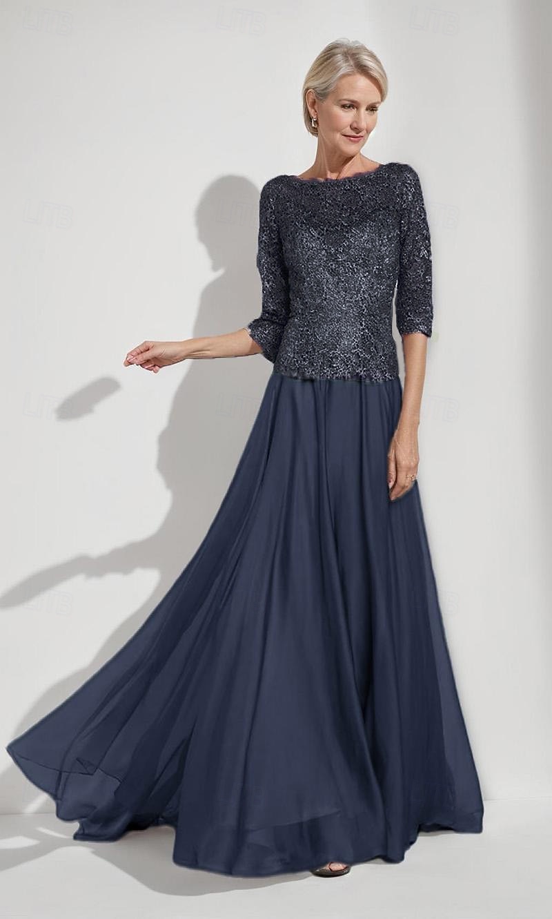 A-Line Mother of the Bride Dress Elegant Simple Minimalist Boat Neck Floor Length Chiffon Half Sleeve with Lace 2025 - $139.99 –P4