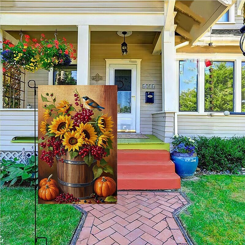 Halloweenská zahradní vlajka na Den díkůvzdání - oboustranný sezónní banner na zahradu pro podzimní dekorace - odolná a povětrnostním vlivům odolná polyesterová vlajka pro venkovní trávník, verandu nebo zahradní dekoraci 2025 - $7.99 –P1