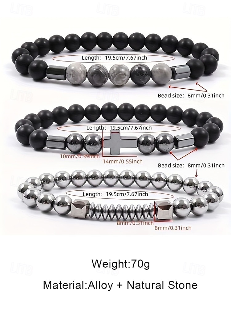 Men's Obsidian Beaded Cross Bracelet Set - Multi-layered matte obsidian and metal beads with grey gemstone decoration, Stretch design, Bohemian style, Ssuitable for daily wear or casual outing 2025 - $9.99 –P5