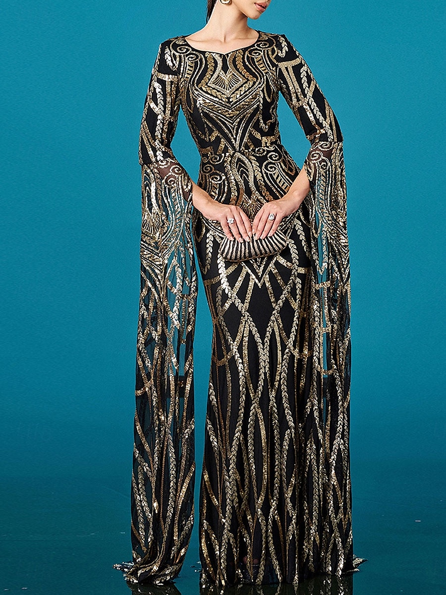 Robe de soirée en forme de sirène/trumpet élégante mariage longue à partir du sol à manches longues col rond en satin sequins avec fente de 2025 ? $119.99 –P1