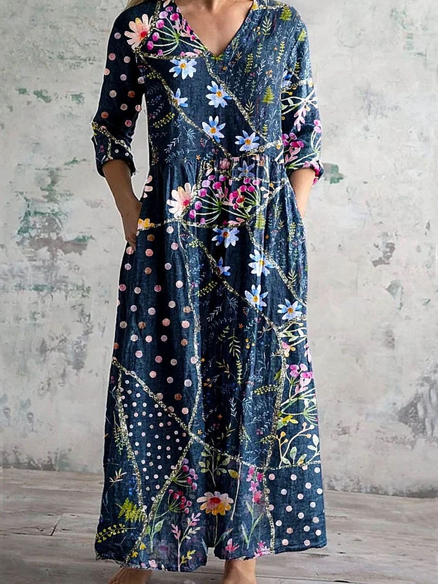 Women's Midi Dress A Line Dress Casual Outdoor Going out Loose Fit Floral Graphic 3/4 Length Sleeve V Neck Red Blue Purple Green Summer Spring Fall 2025 - $35.99 –P4