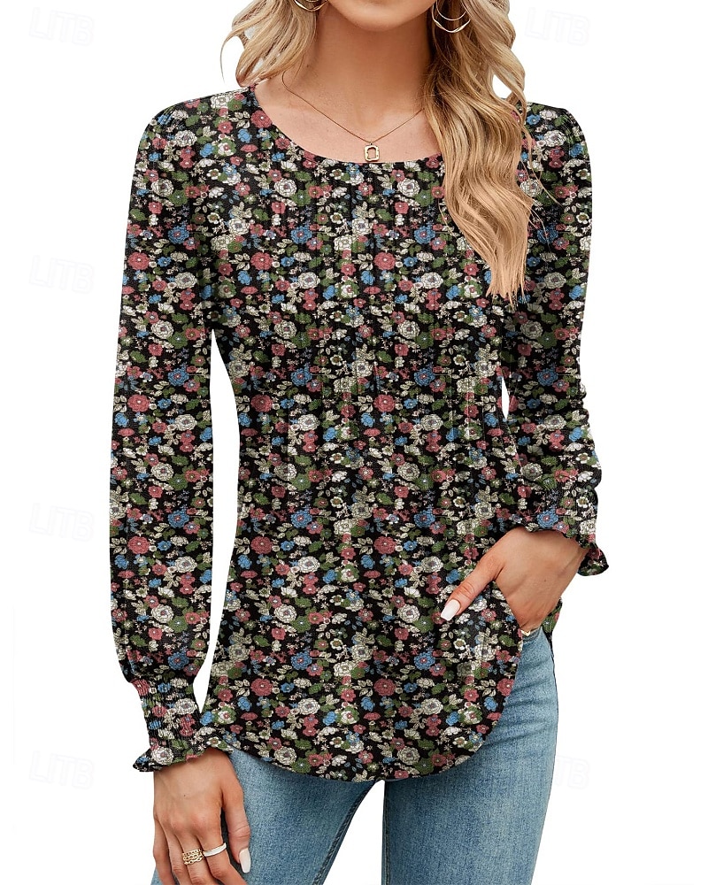 Dame Bluse Blomsternål i krystall Moderne Fritid Langermet Crew-hals Vanlige topper Daglig Ferie Trykt mønster Svart Gul Militærgrønn Høst 2025 - $18.99 –P3