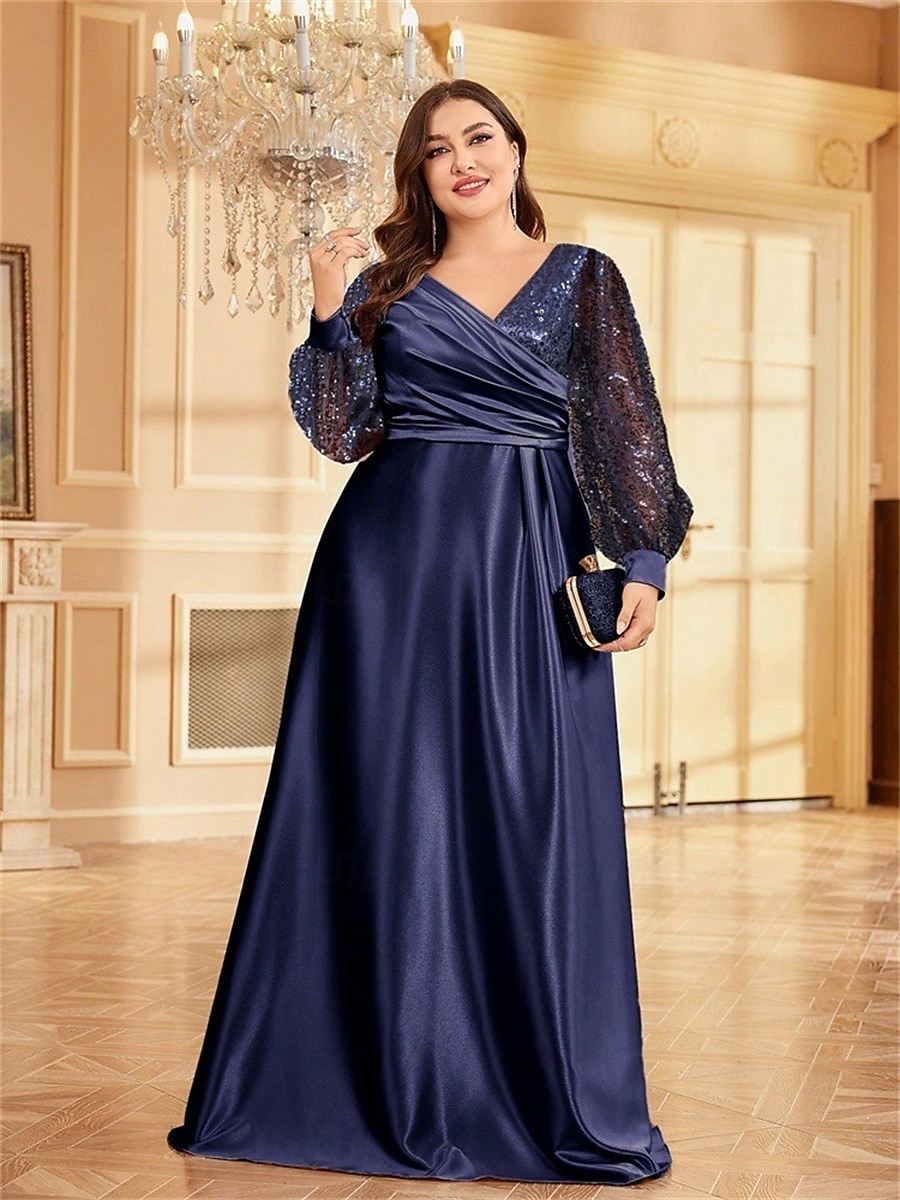 Robe A-Line Grande Taille Élégante Robe Courbe De Mariage Formelle Longue Au Sol Manches Longues Col en V En Polyester Avec Plis 2025 de 2025 ? $119.99 –P9
