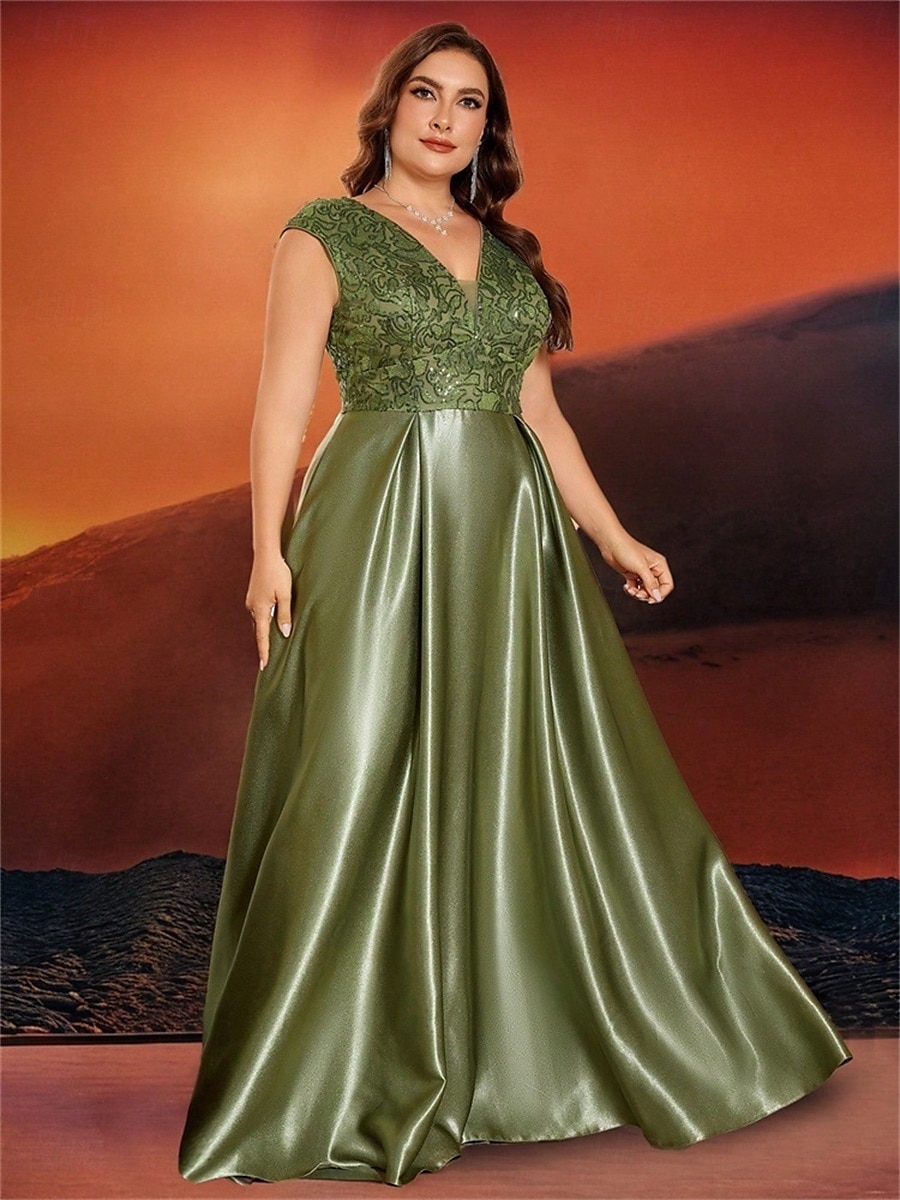 Robe A-Line Grande Taille Élégante Robe Courbe De Mariage Formelle Longue Au Sol Manches Courtes Col en V Satin Dos Nu Avec Plis 2025 de 2025 ? $119.99 –P37