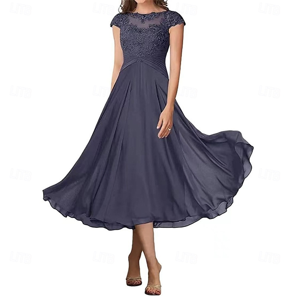 A-Linie Brautmutterkleid Elegant Einfach Rundhalsausschnitt Knöchellänge Chiffon Kurzarm mit Falten Einfarbig 2025 2025 - $119.99 –P20