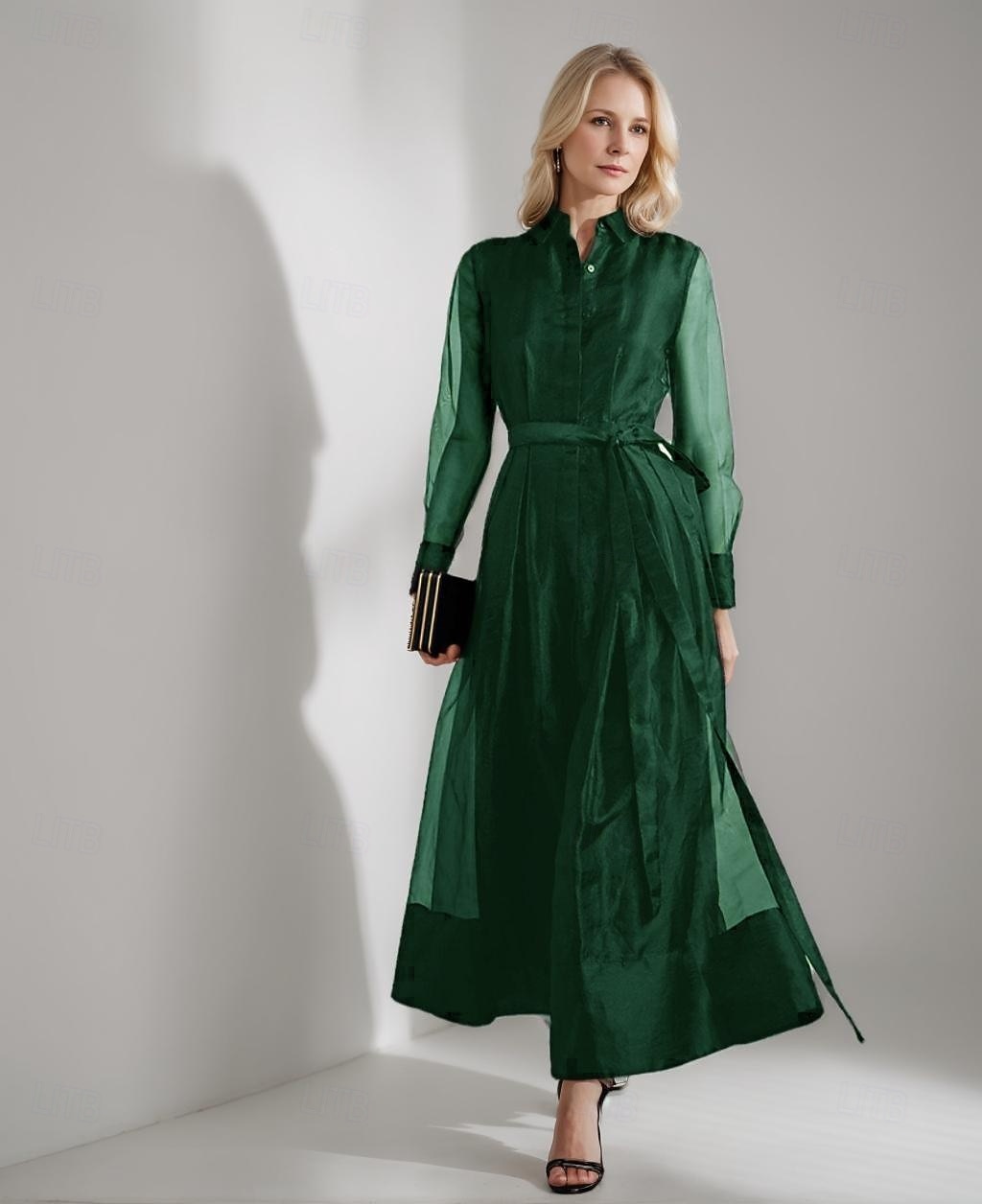 Linea ad A Lunghezza al pavimento Vestito da Festa Abito da Cocktail Abito da invitata a nozze Abito da cerimonia per signora Manica Lunga Colletto a Camicia Elegante Semplice Minimalista Formale del 2026 a $160.99 –P5