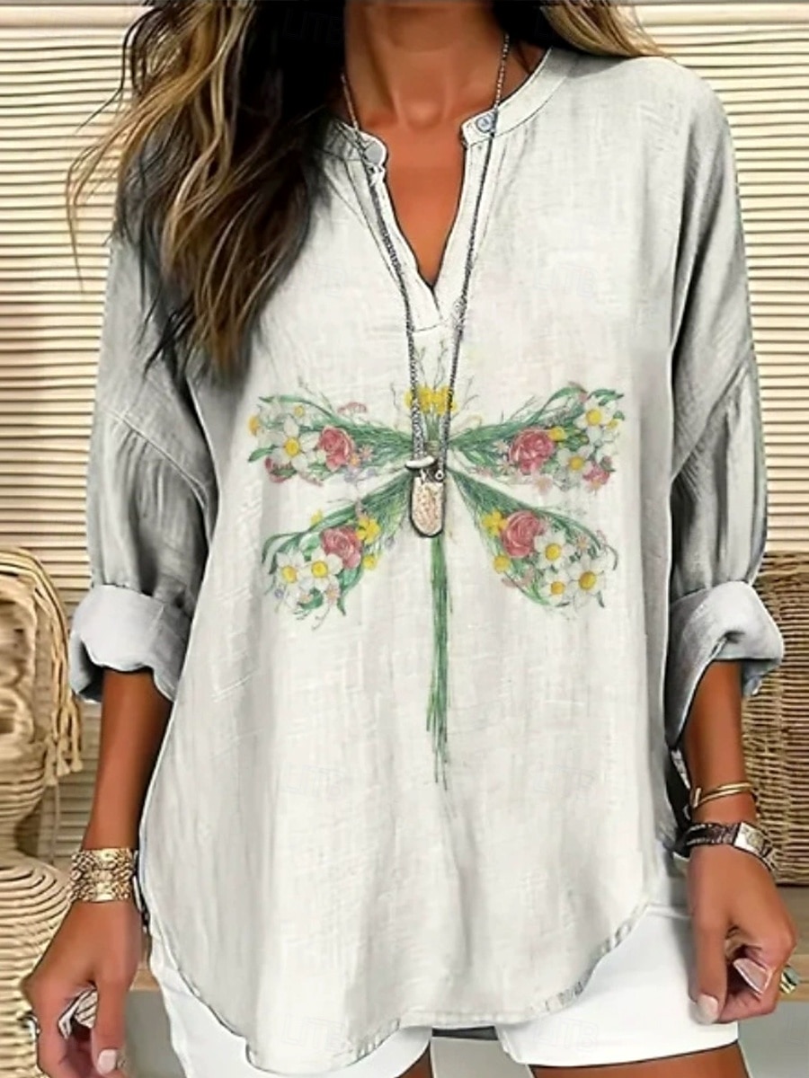 Dame Bluse Grafisk Dyr Dragonfly Bohem Årgang Tropisk Langermet V-hals Vanlige topper Daglig Ferie Strand Klær Trykt mønster Navyblå Dusty Blue lysegrå Beige Sommer Vår 2025 - $19.99 –P2
